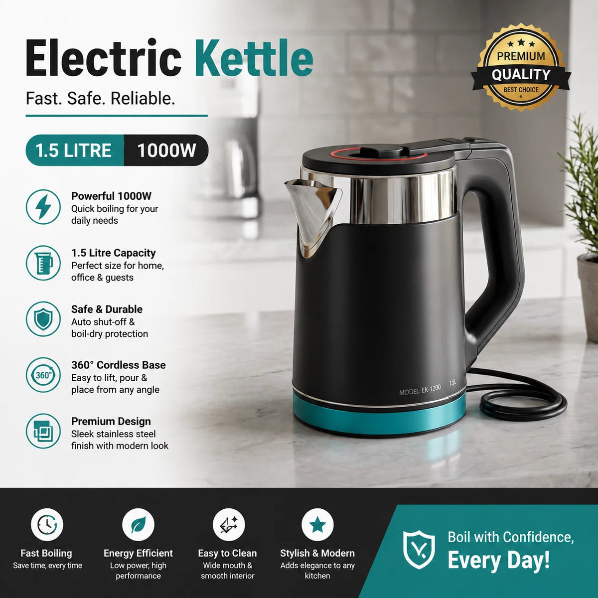 Fast Boiling & Modern Kitchen Design – 1.5L 1000W Electric Kettle